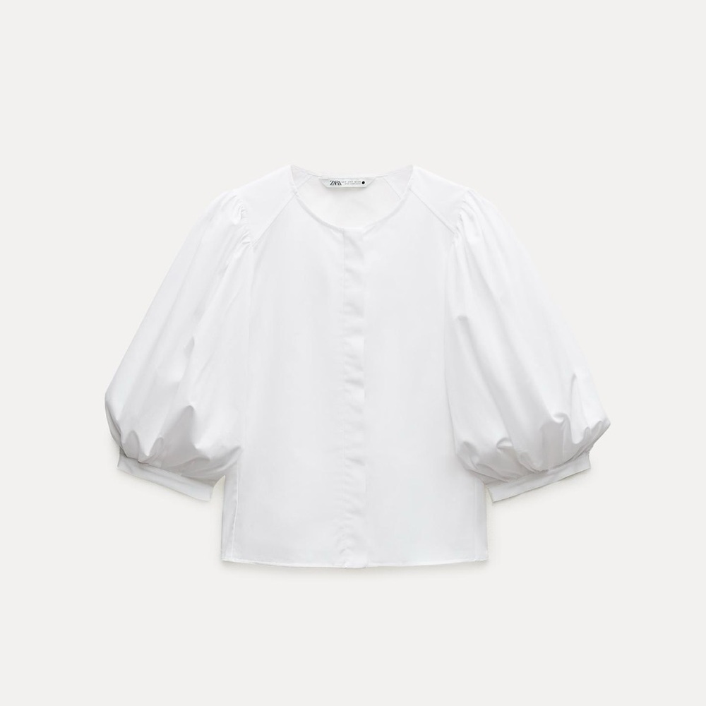 Zara White, Blue, and Pink Balloon Sleeve Blouse